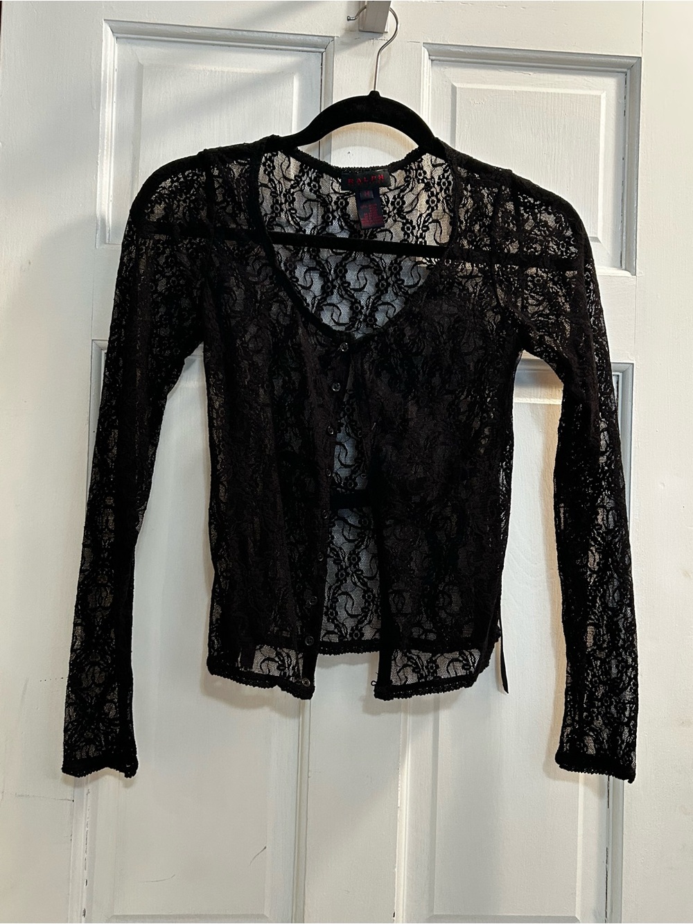 Ralph Lauren Black Sheer Lace V-Neck Button Top